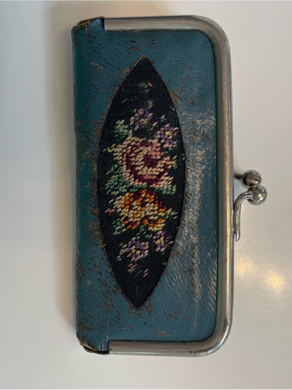 Vintage German blue leather petit-point travel manicure set, c. 1950s–60s
